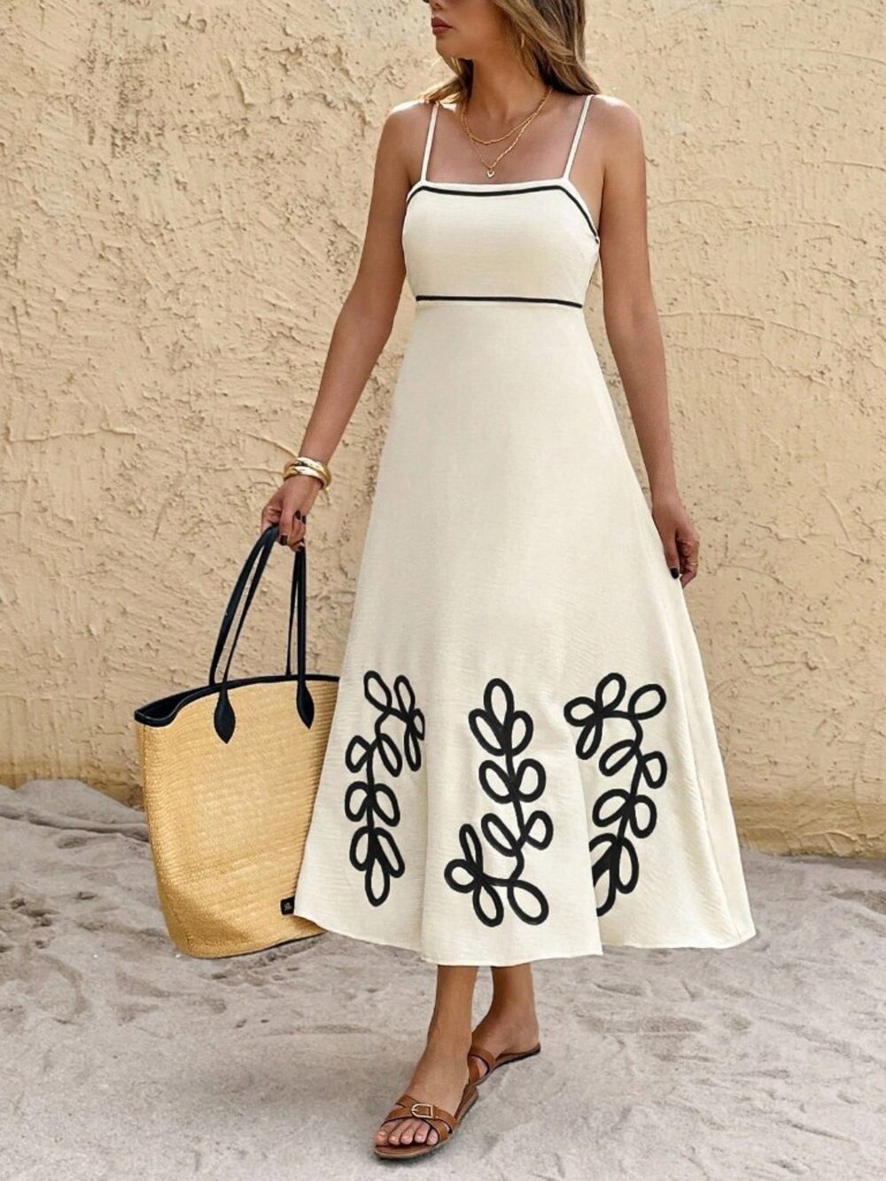 Multicolor Casual Women's Beach Botanical Print Piping Strap midi Dress - Picture 5 of 7